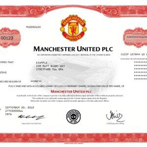 MANCHESTER UNITED COMMON STOCK STOCK CERTIFICATE COPY CLASSIC WHITE VERSION RARE